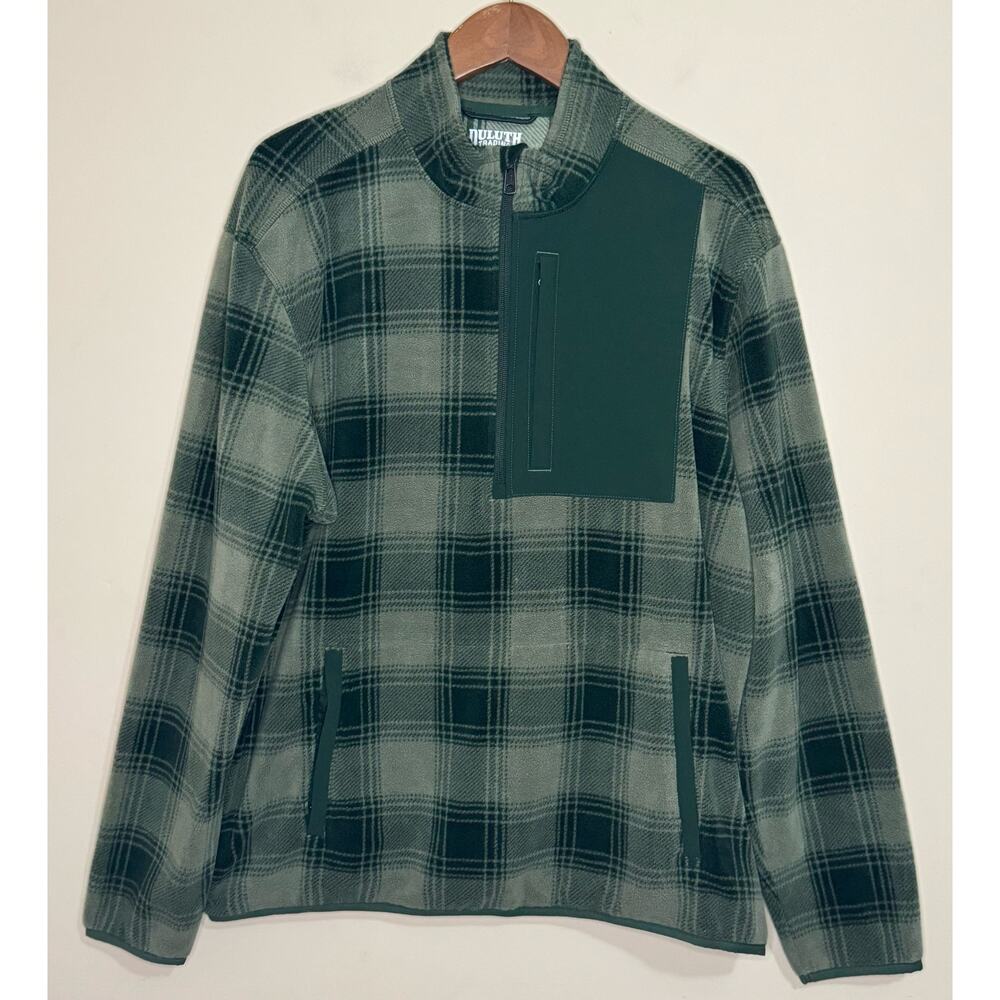 Duluth Trading Co Relaxed Fit Fleece Pullover Mens Large Green Plaid Zip Pockets